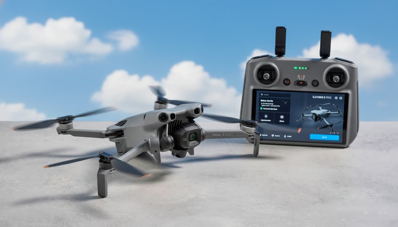 DJI Mini 5 Pro compact drone in darker gray finish with upgraded rotating gimbal and new prop-twist system on a flat surface.