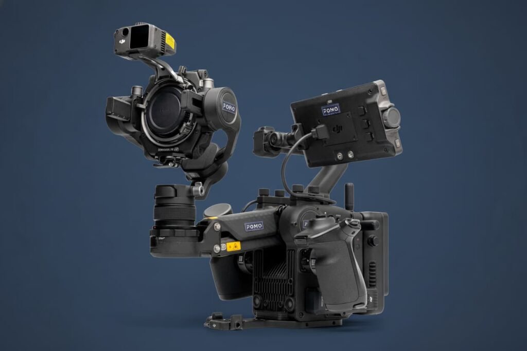 DJI Ronin 4D cinema camera rig with 4-axis stabilization in a film production environment