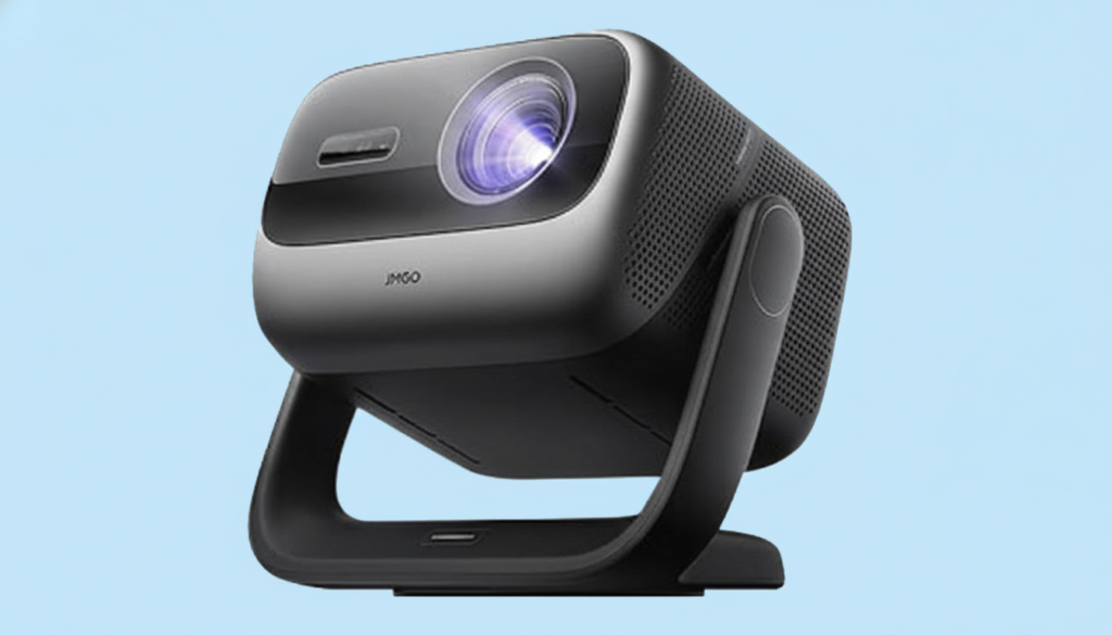 jmgo n3 4k triple laser projector on a gimbal projecting onto a home theater screen