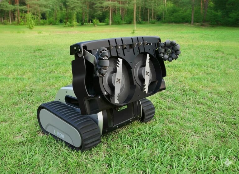 track-driven front-deck robot mower cutting clean stripes across uneven grass