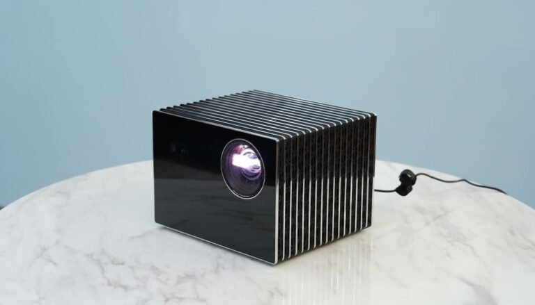 premium long-throw 4K triple-laser projector on a table with glossy finish and rear ports visible
