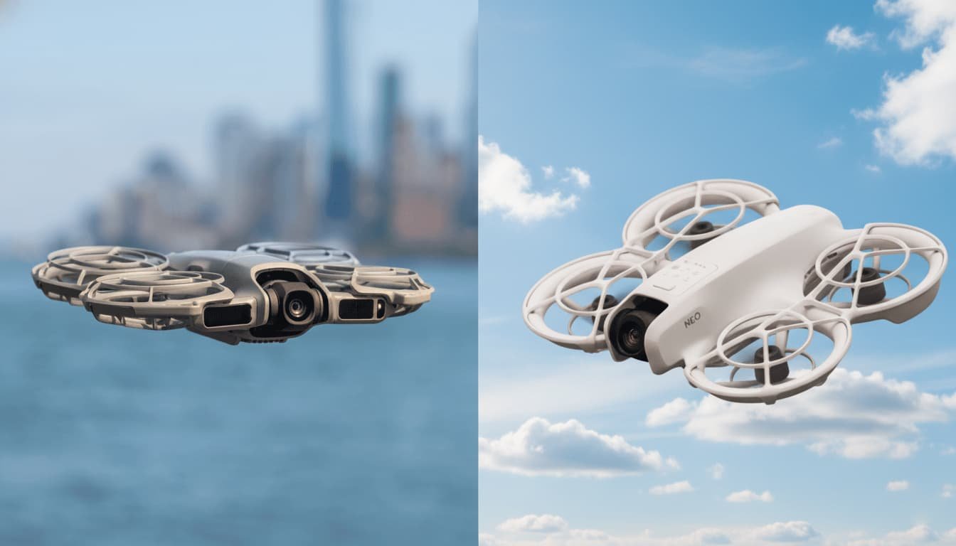DJI Neo2 compact entry-level drone hovering outdoors with upgraded sensors, new gray body, and redesigned camera module.