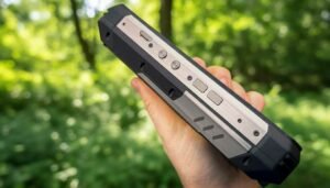 giant rugged smartphone with massive battery and projector sitting on a table with bright work light on