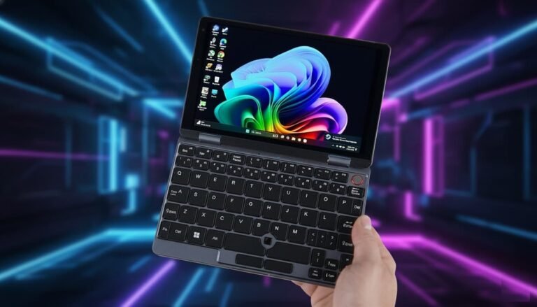 Ultra-compact 2-in-1 laptop with an 8-inch touchscreen, backlit keyboard, and Intel N305 processor.