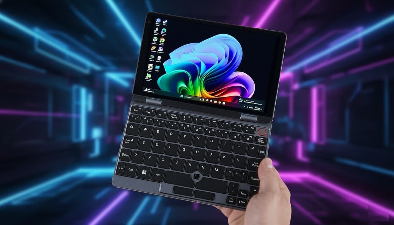 Ultra-compact 2-in-1 laptop with an 8-inch touchscreen, backlit keyboard, and Intel N305 processor.